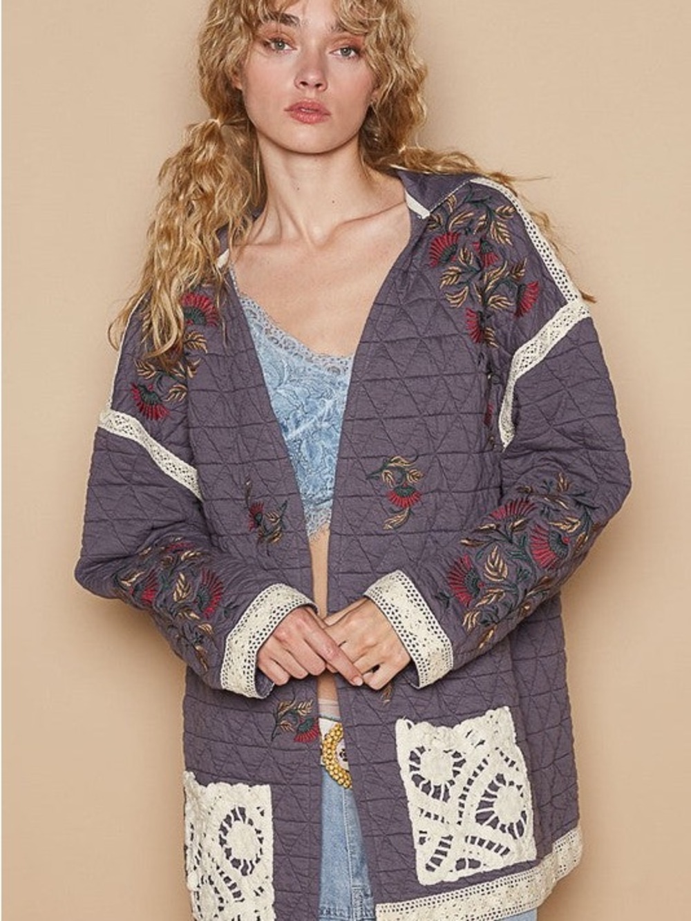 POL Quilted Purple Embroidered Lounge Jacket with Cream Lace
